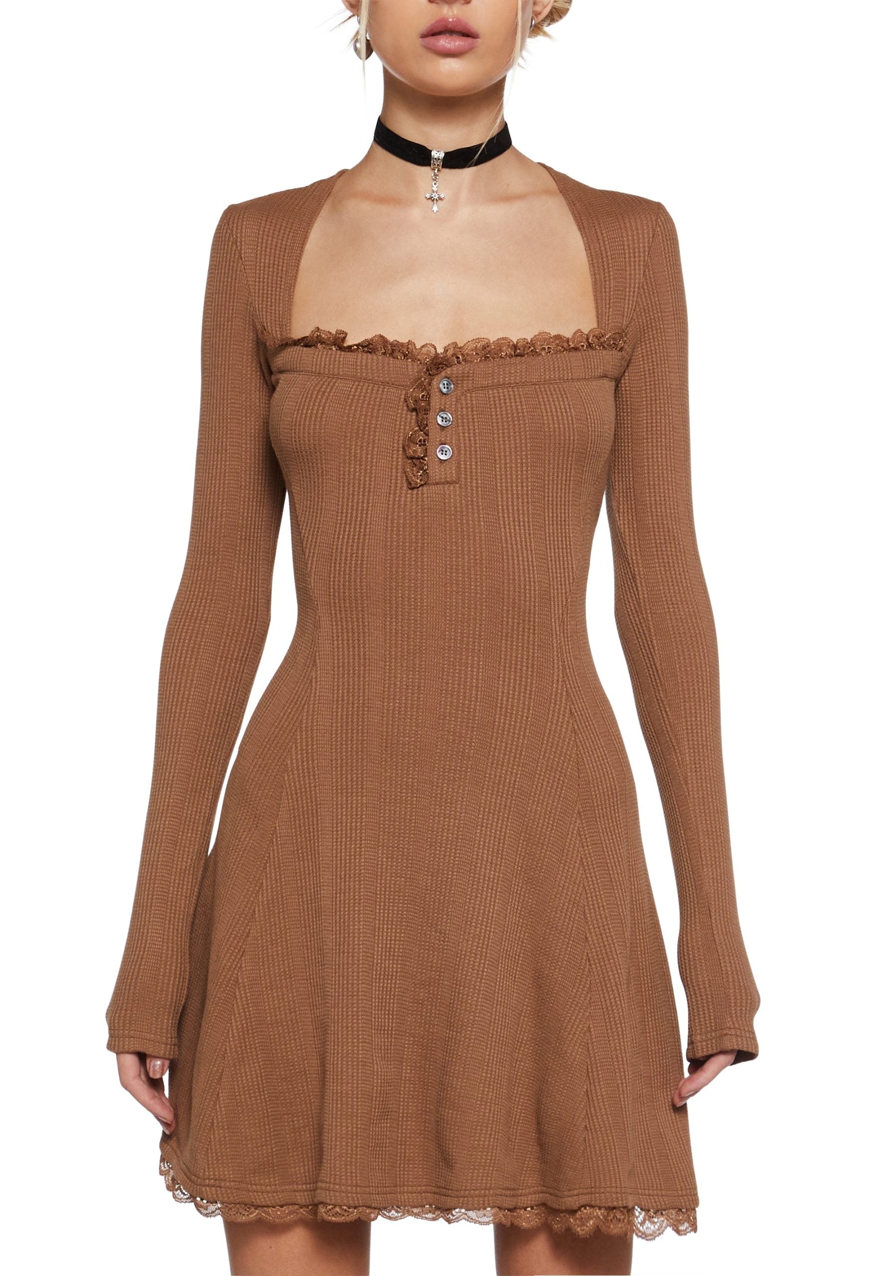 Mid Century Date Thermal Dress – Brown