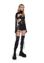 Chord Shredded Romper With Shrug – Black