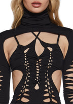 Chord Shredded Romper With Shrug – Black