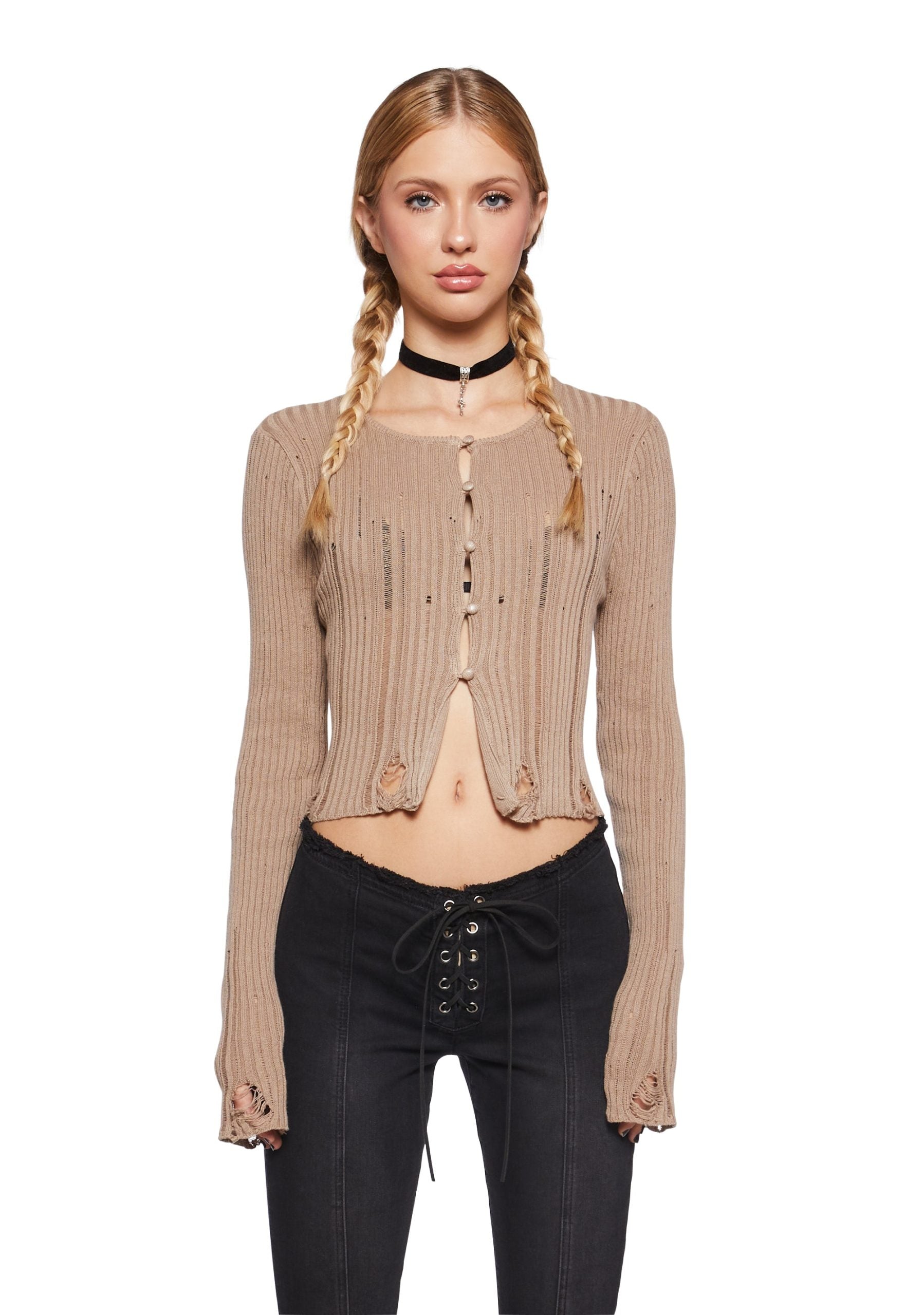 Somewhere Now Distressed Cardigan – Beige