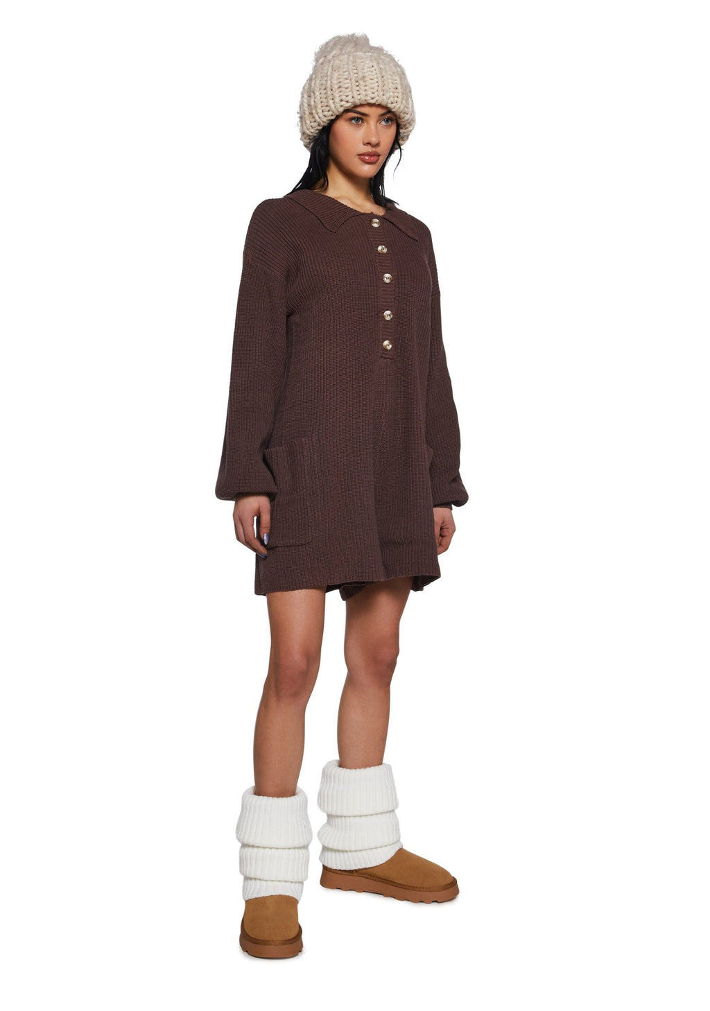 Cozy Weekends Knit Romper – Brown