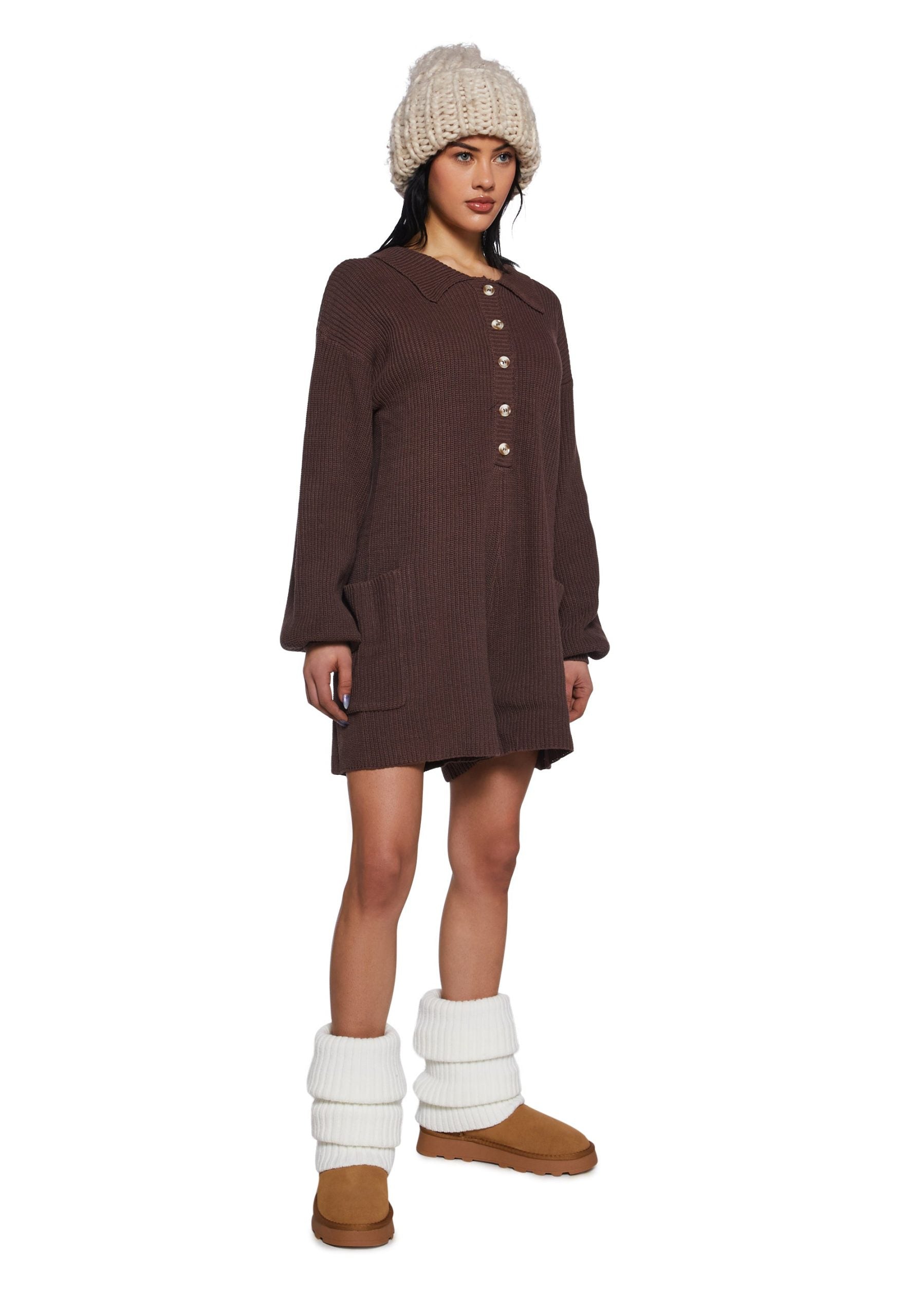 Cozy Weekends Knit Romper – Brown