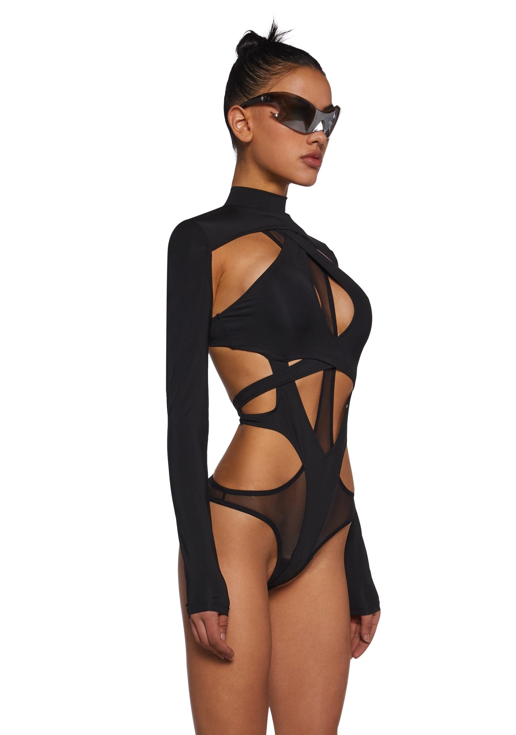 Flanger Strappy Spandex And Mesh Bodysuit – Black