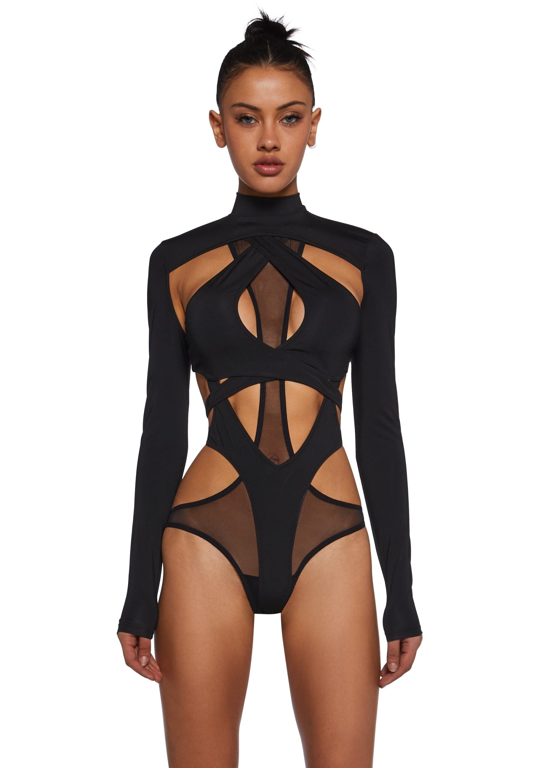 Flanger Strappy Spandex And Mesh Bodysuit – Black