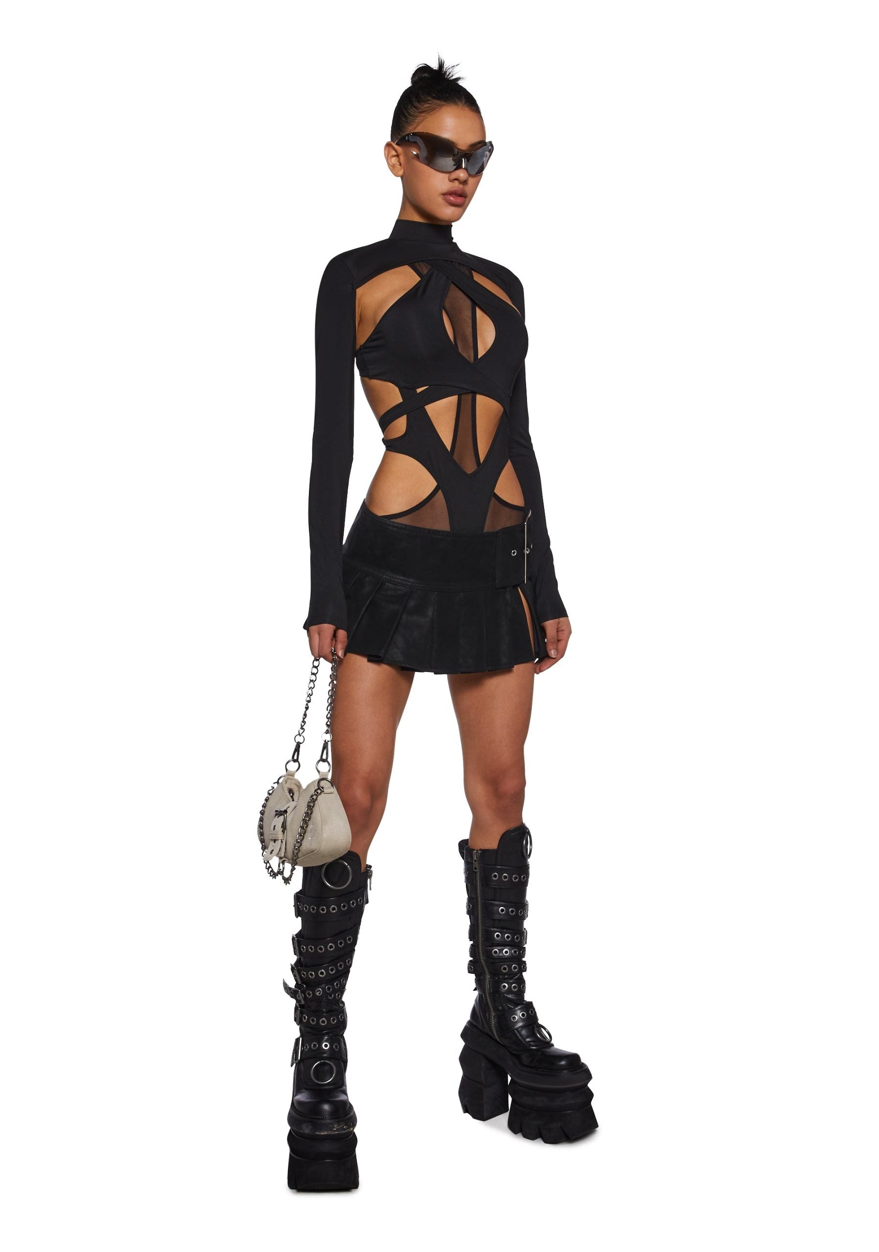 Flanger Strappy Spandex And Mesh Bodysuit – Black