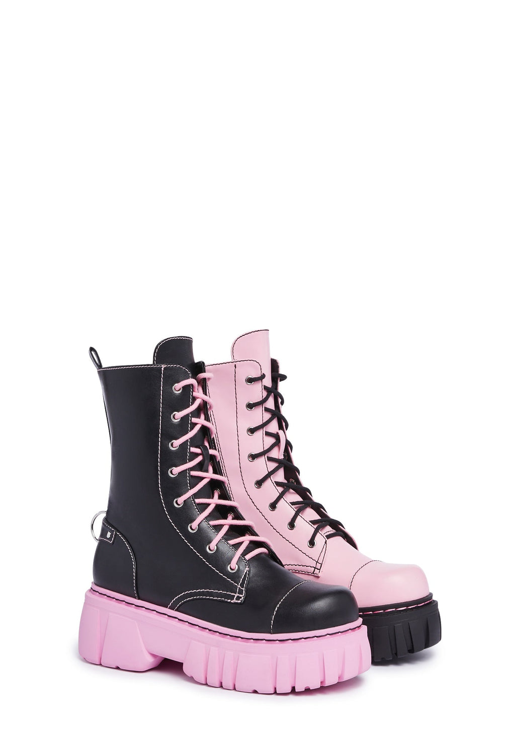 Devil Games Mismatched Combat Boots – Black/Pink